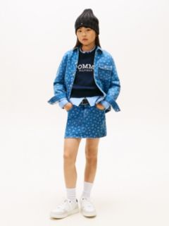 Floral Print Flag Embroidery Denim Skirt — Blue 1