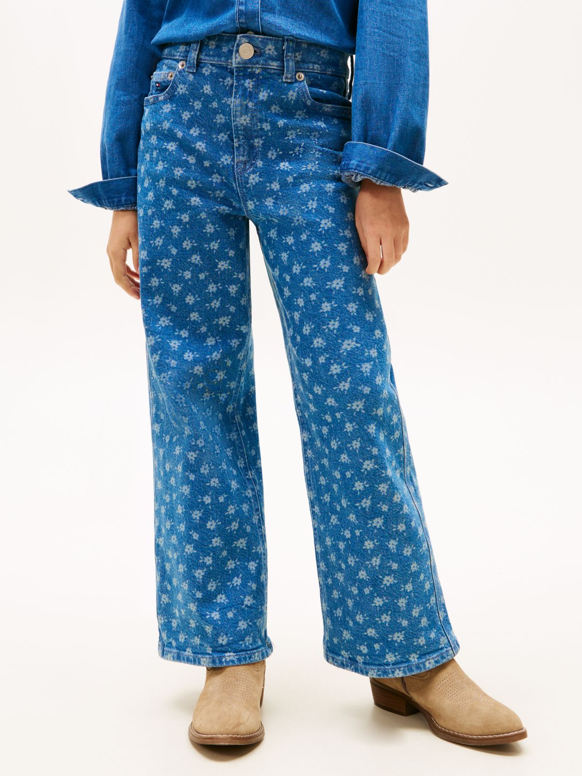 Mabel Floral Print Wide Leg Jeans — Blue