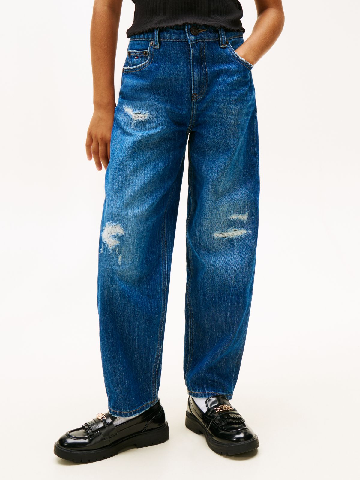 Distressed Faded Tapered Barrel Leg Jeans — Blue
