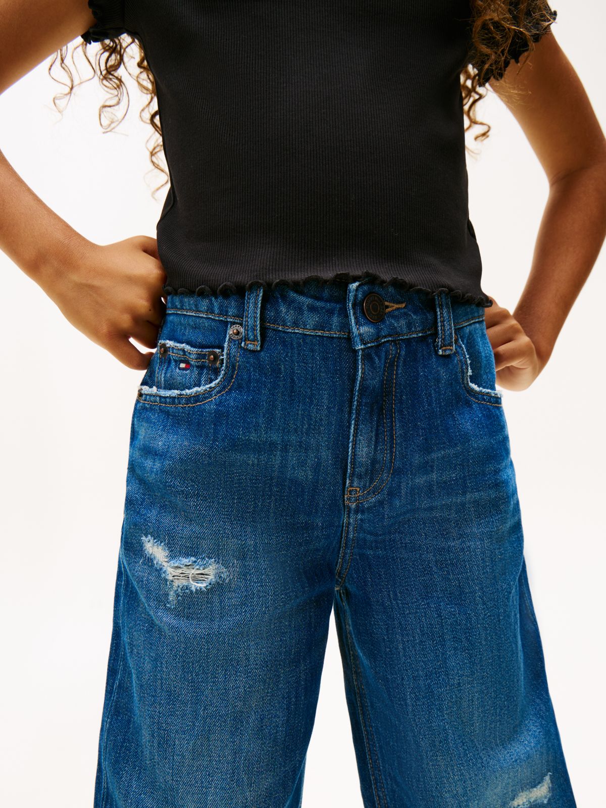 Distressed Faded Tapered Barrel Leg Jeans — Blue