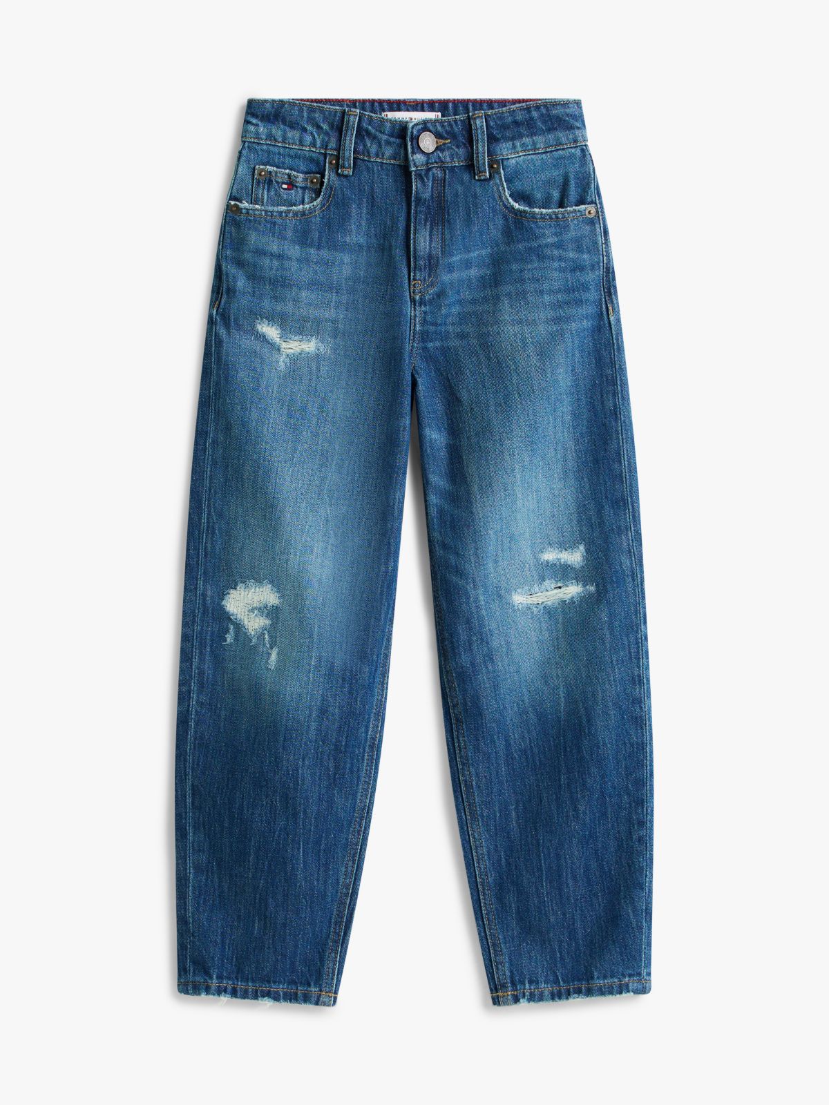 Distressed Faded Tapered Barrel Leg Jeans — Blue