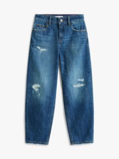 Distressed Faded Tapered Barrel Leg Jeans — Blue 5