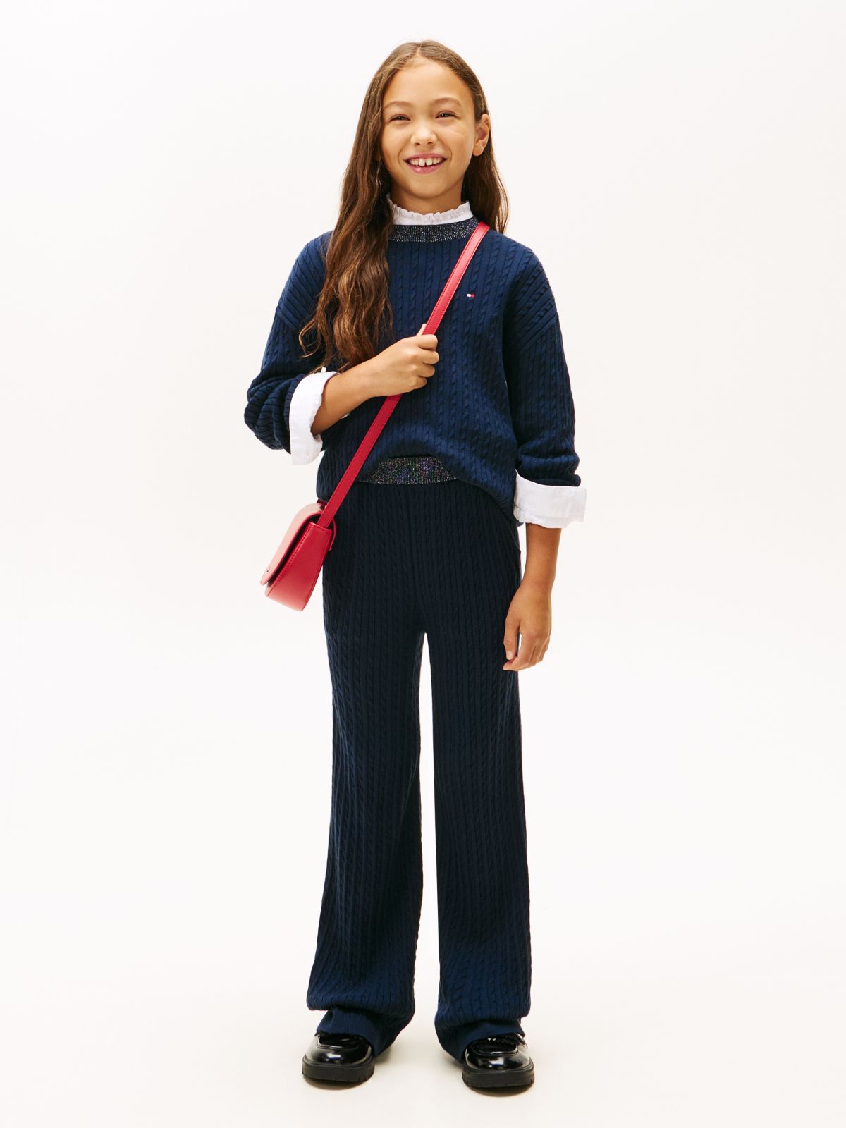 Glitter Cable Knit Wide Leg Trousers — Blue