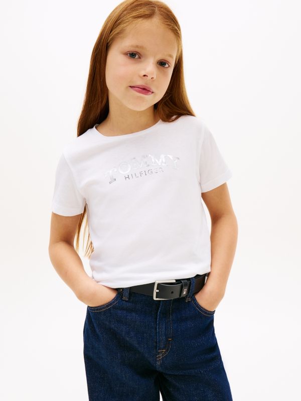Metallic Logo Slim Crew Neck T-Shirt — White