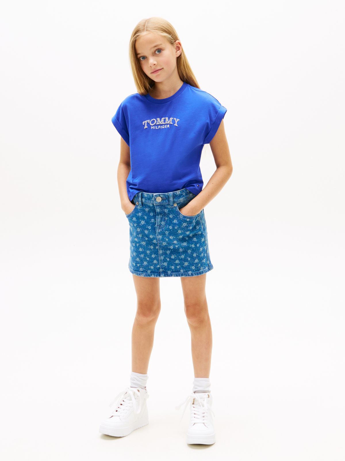 Floral Logo Relaxed Crew Neck T-Shirt — Blue