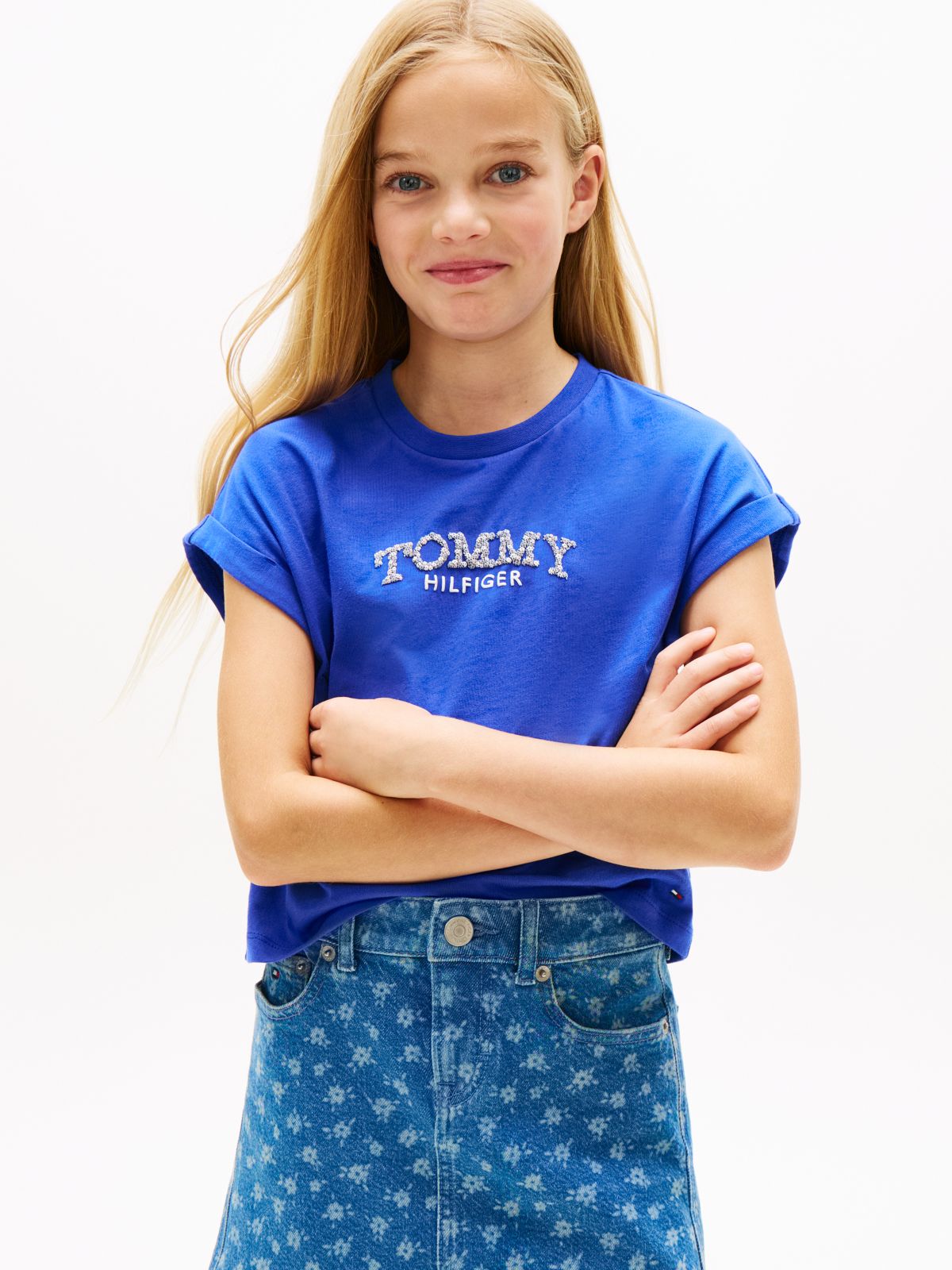 Floral Logo Relaxed Crew Neck T-Shirt — Blue