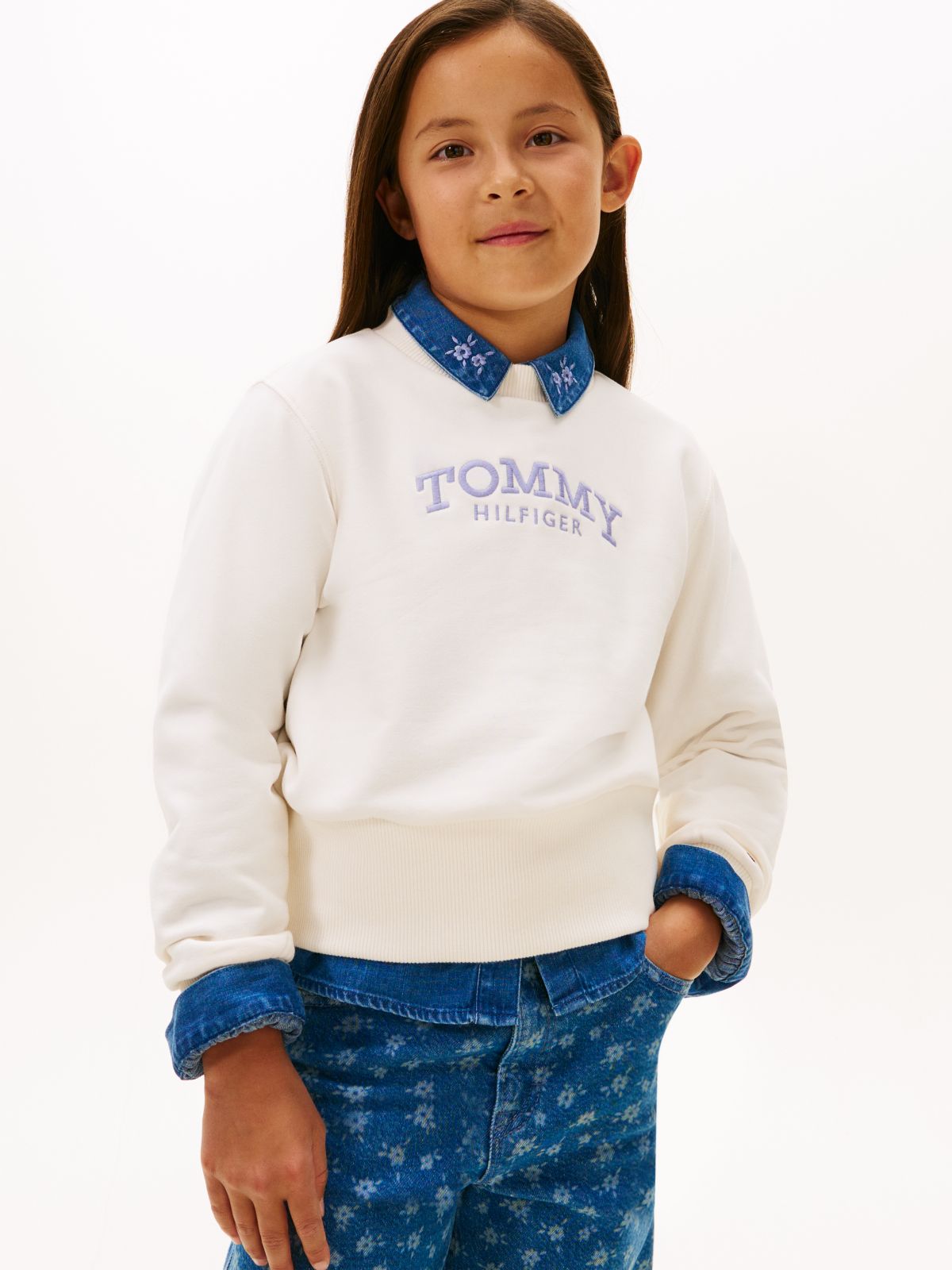 Logo Embroidery Crew Neck Terry Sweatshirt — White