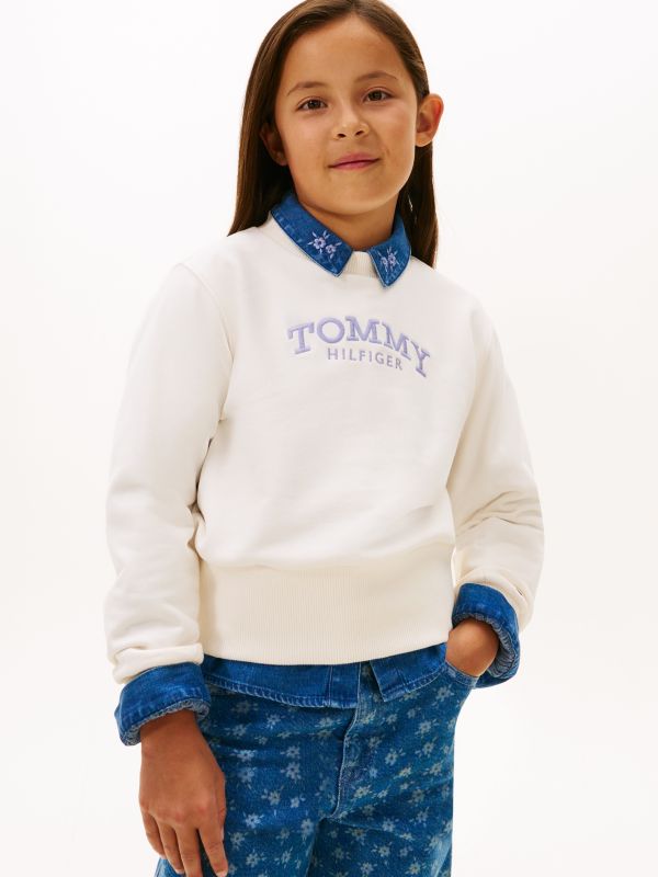 Logo Embroidery Crew Neck Terry Sweatshirt — White