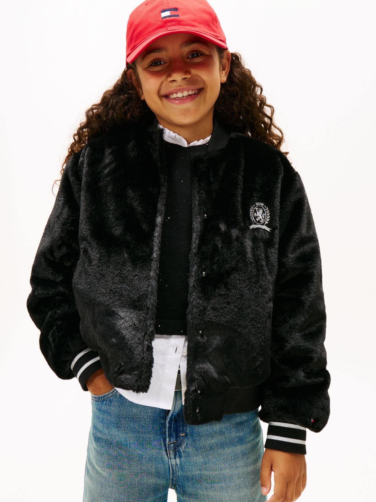 Faux Fur Relaxed Bomber Jacket — Black