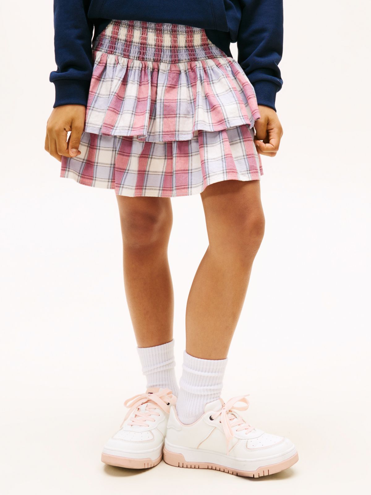 Check Tiered Smock Detail Mini Skirt — Beige