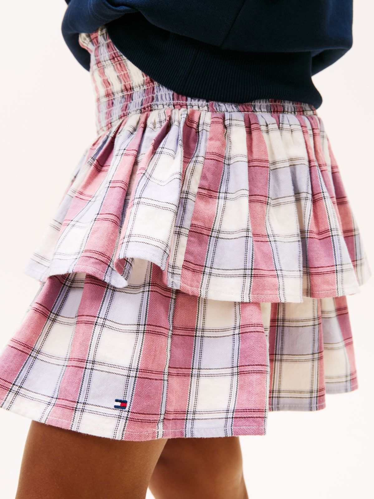Check Tiered Smock Detail Mini Skirt — Beige