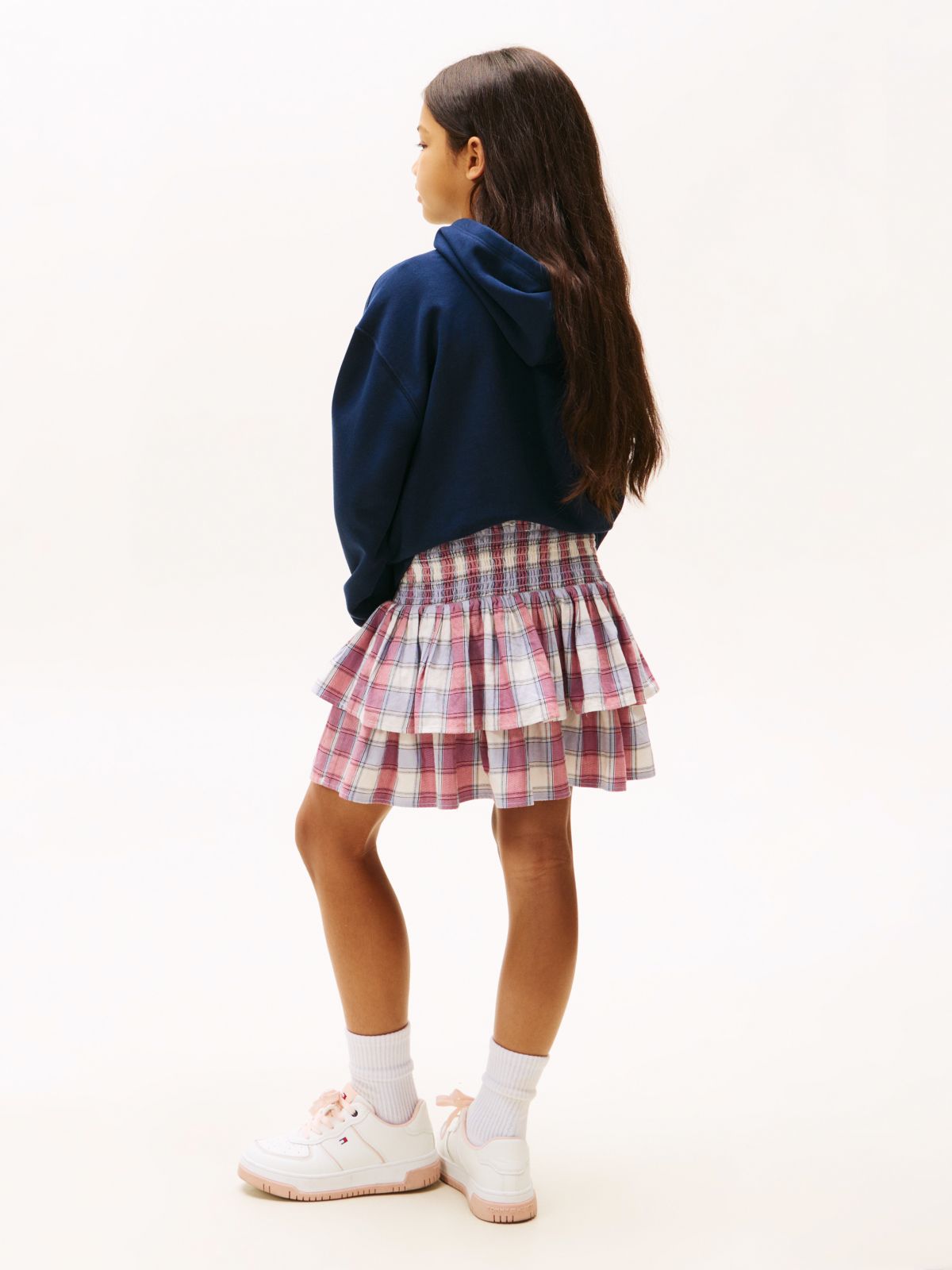 Check Tiered Smock Detail Mini Skirt — Beige