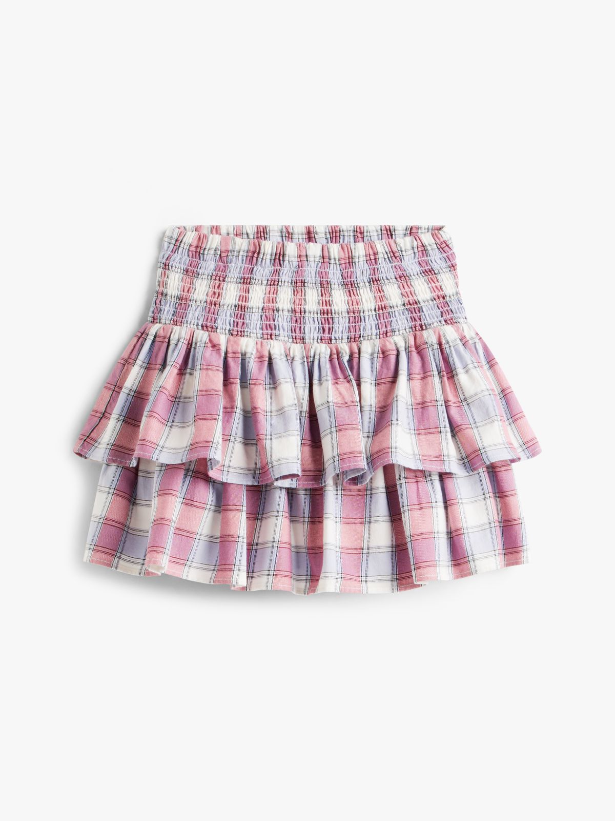 Check Tiered Smock Detail Mini Skirt — Beige