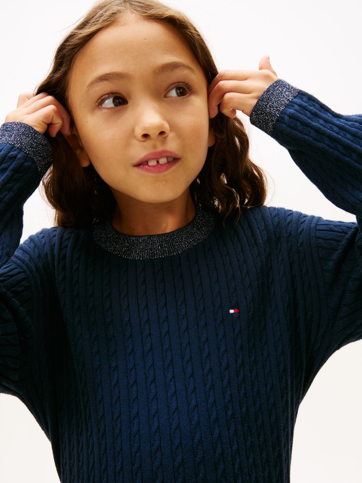 Glitter Mini Cable Knit Relaxed Sweatshirt — Blue