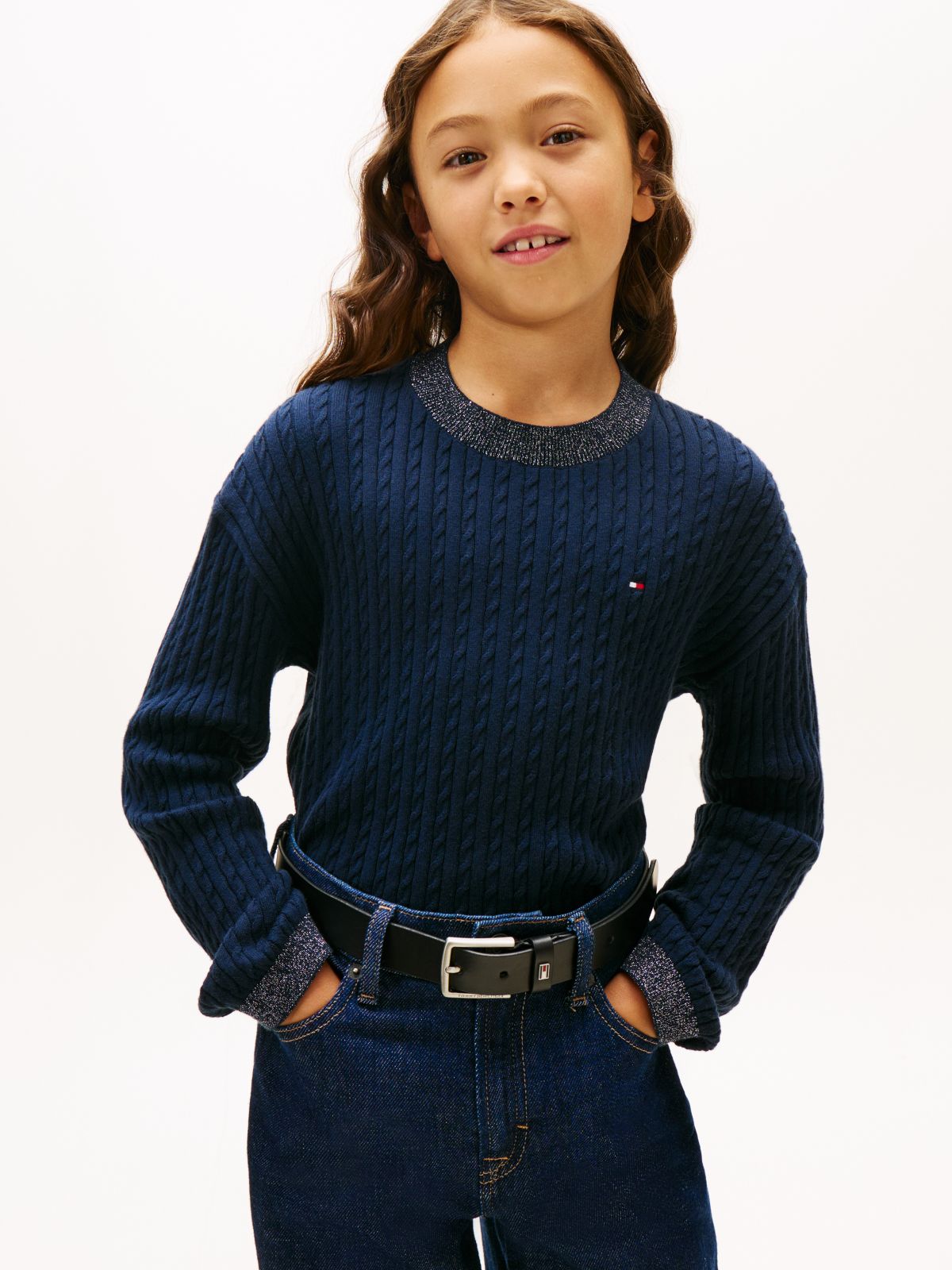 Glitter Mini Cable Knit Relaxed Sweatshirt — Blue