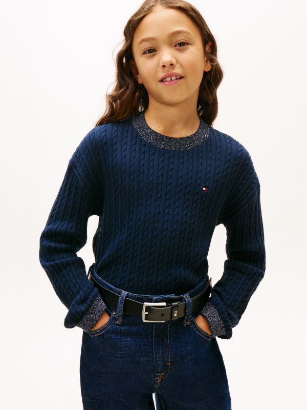 Glitter Mini Cable Knit Relaxed Sweatshirt — Blue