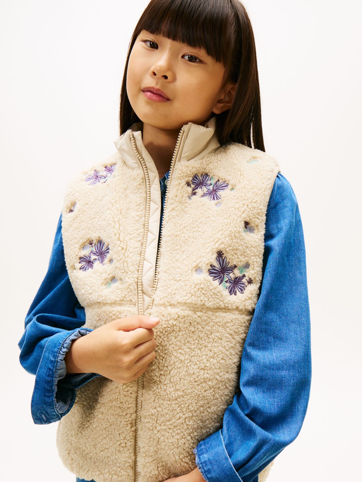 Floral Embroidery Relaxed Teddy Gilet — Beige