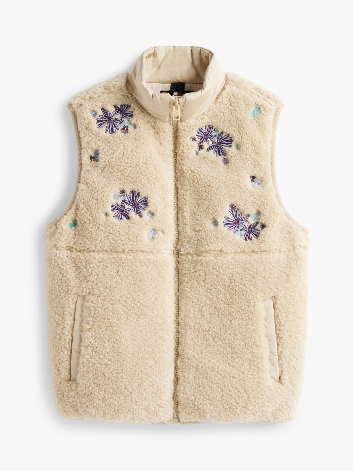 Floral Embroidery Relaxed Teddy Gilet — Beige