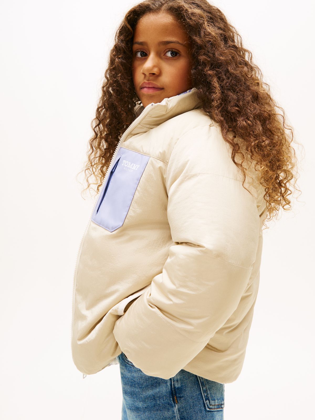 Floral Print Reversible Relaxed Puffer Jacket — White