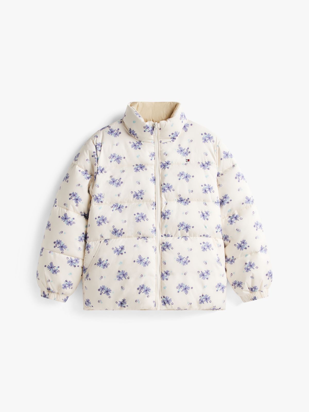 Floral Print Reversible Relaxed Puffer Jacket — White