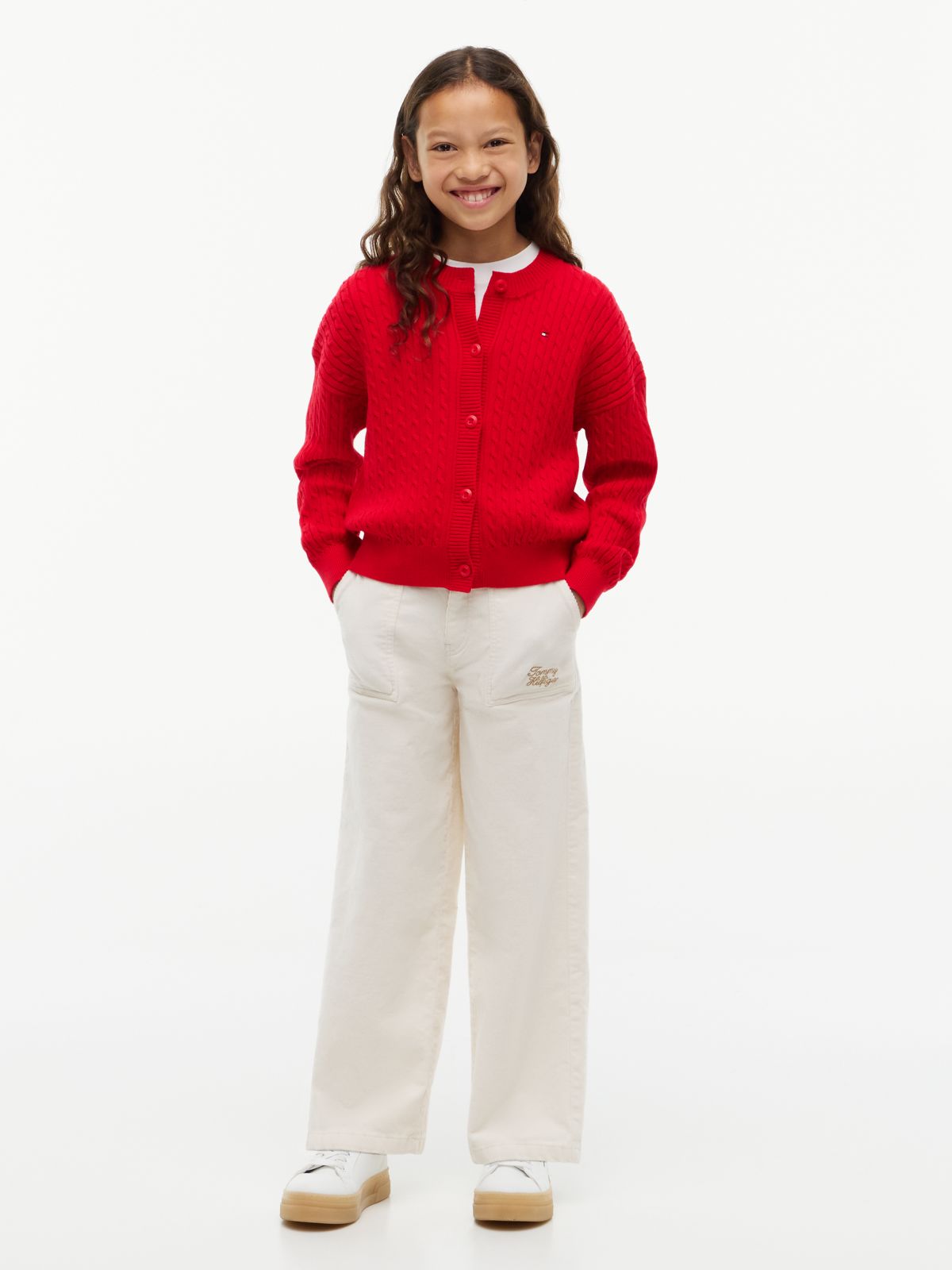 Relaxed Cable Knit Cardigan — Red