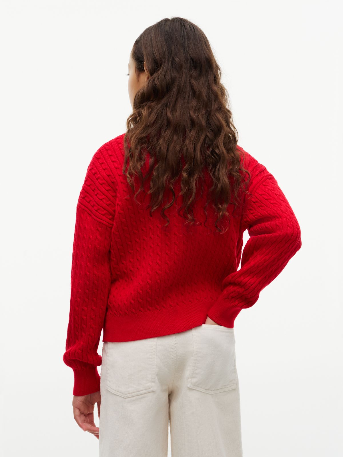 Relaxed Cable Knit Cardigan — Red