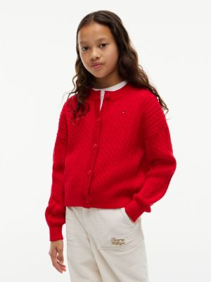 red relaxed cable knit cardigan for girls tommy hilfiger