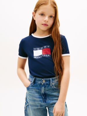 blue jersey t-shirt met golvende vlag voor meisjes - tommy hilfiger
