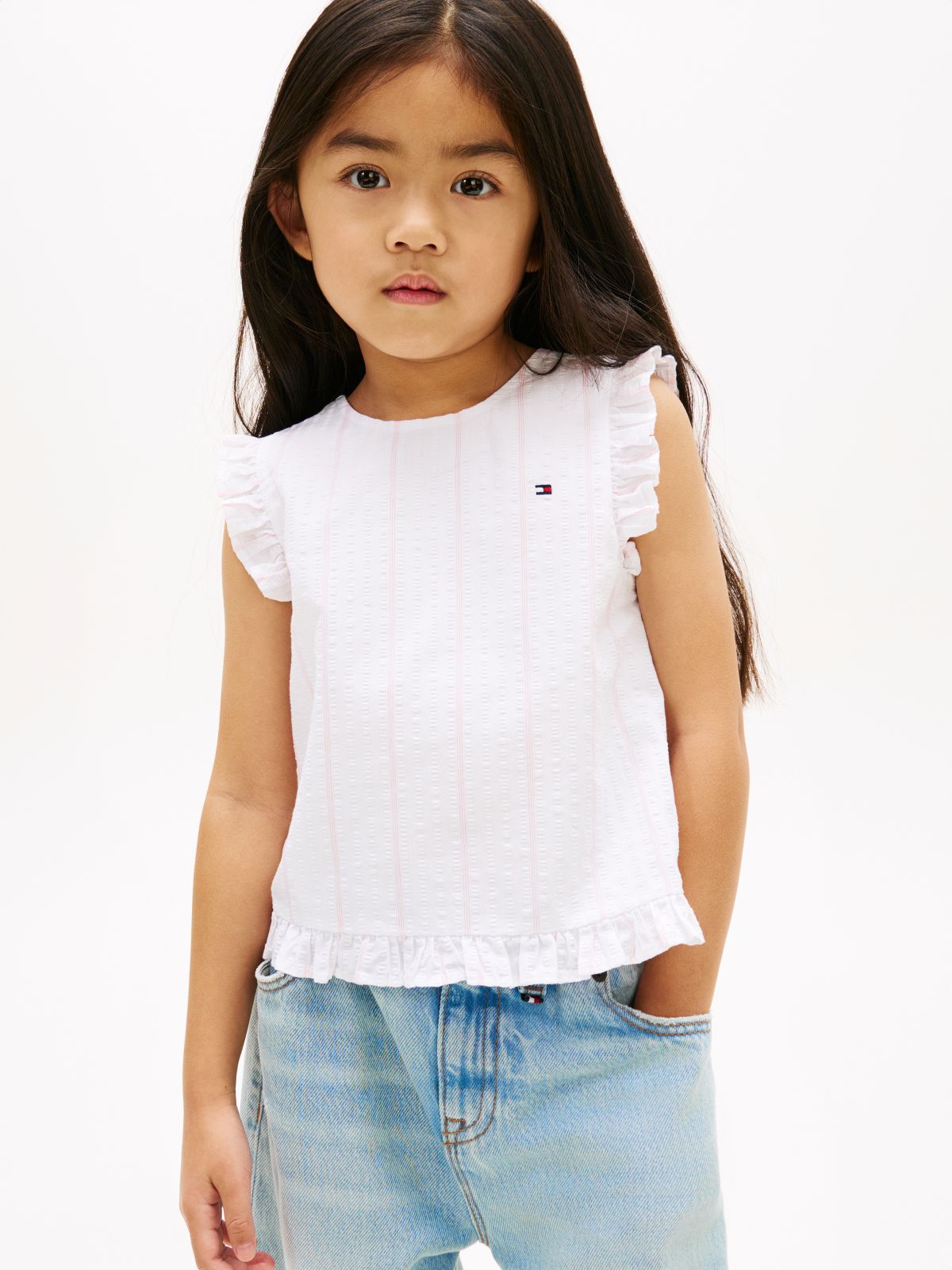 Crossover Back Seersucker Sleeveless Shirt — White