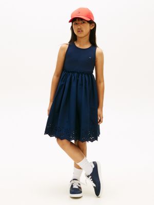 blue ärmelloses kleid mit lochstickerei für mädchen - tommy hilfiger