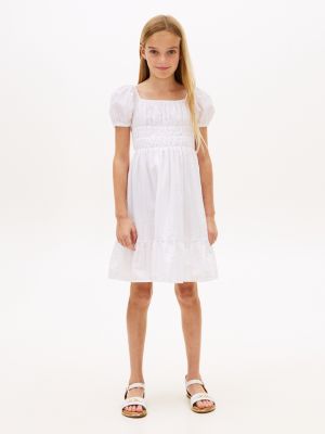 white seersucker-kleid mit kurzen puffärmeln für mädchen - tommy hilfiger