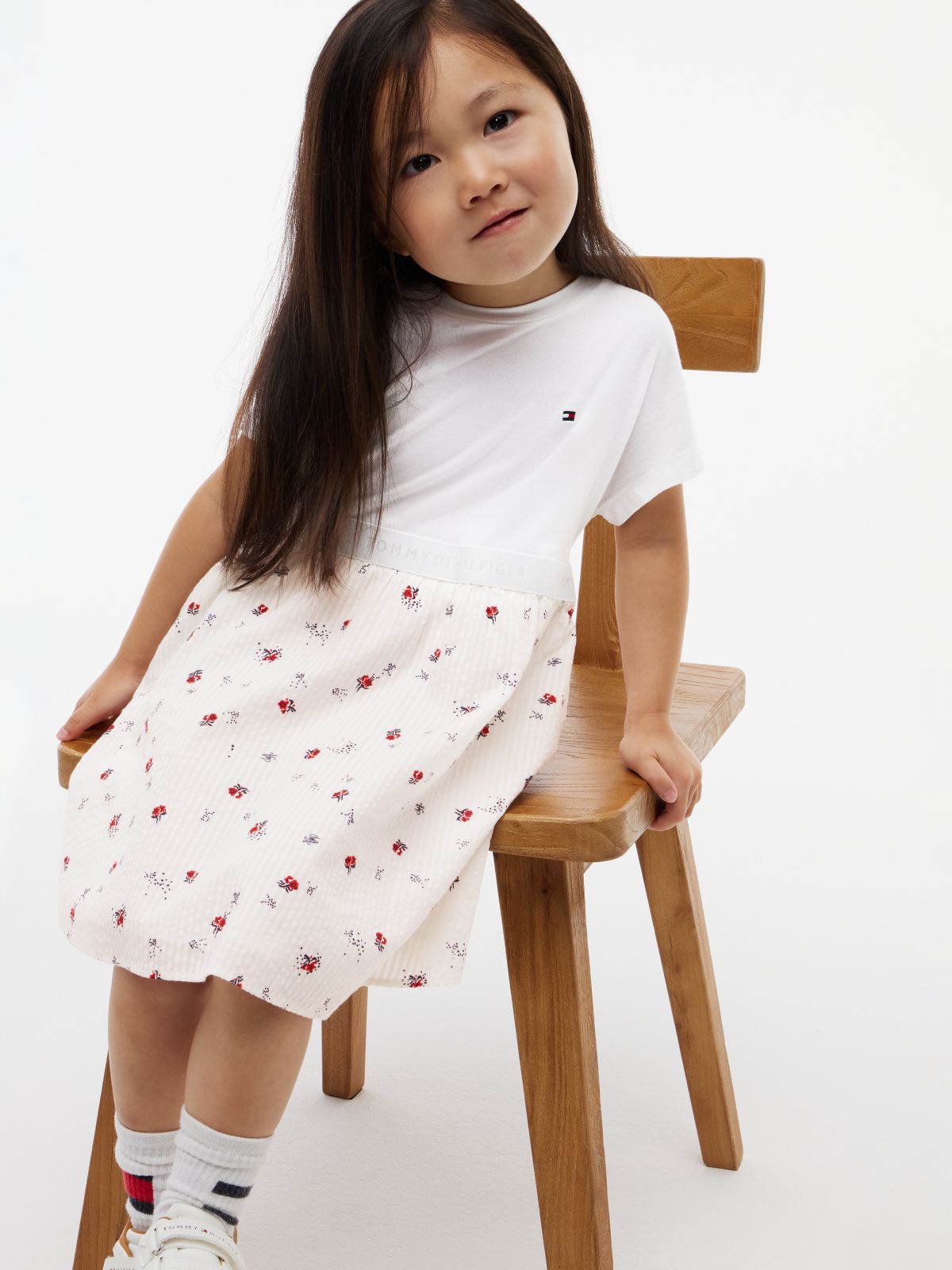 Seersucker Print Fit And Flare Dress — White