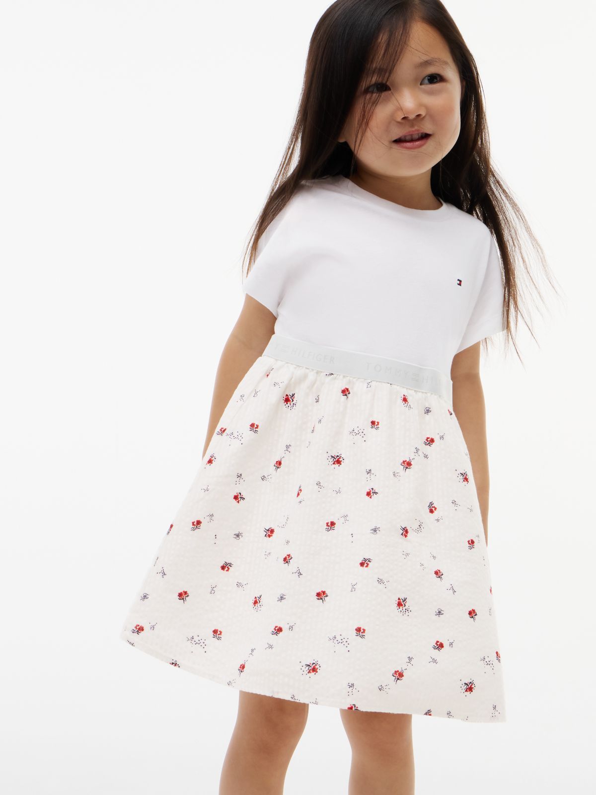 Seersucker Print Fit And Flare Dress — White