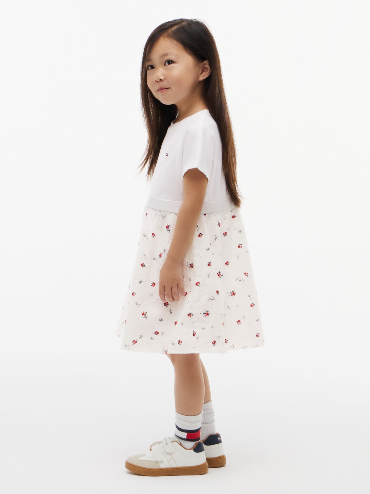 Seersucker Print Fit And Flare Dress — White