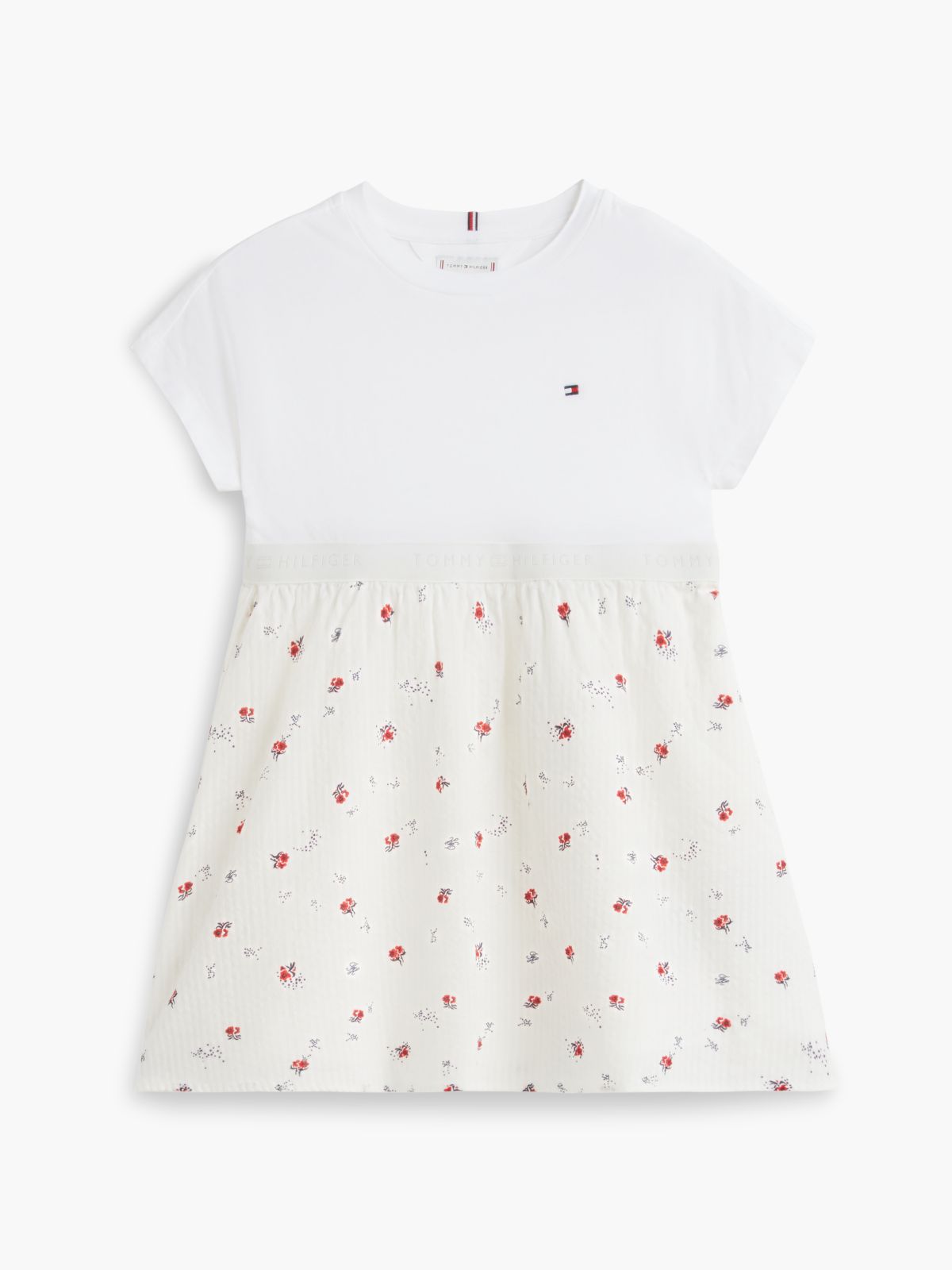 Seersucker Print Fit And Flare Dress — White