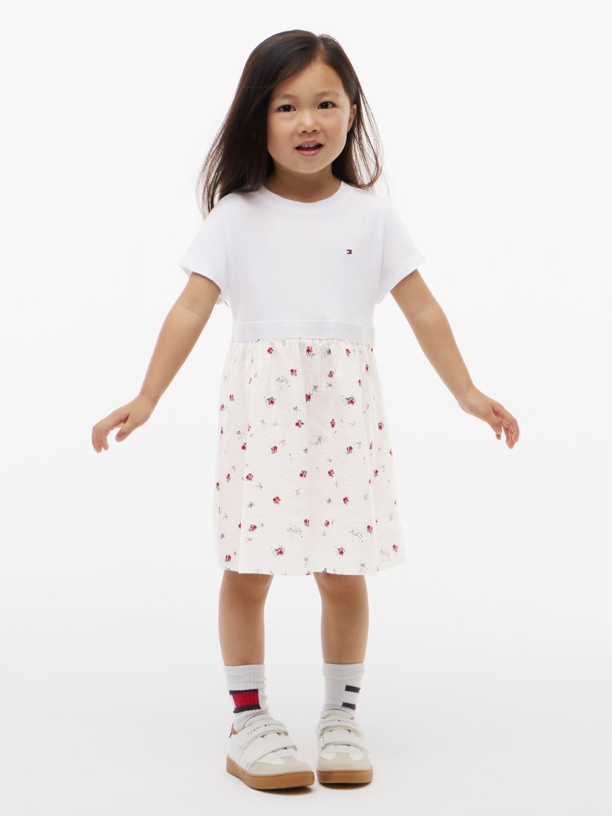 Seersucker Print Fit And Flare Dress — White