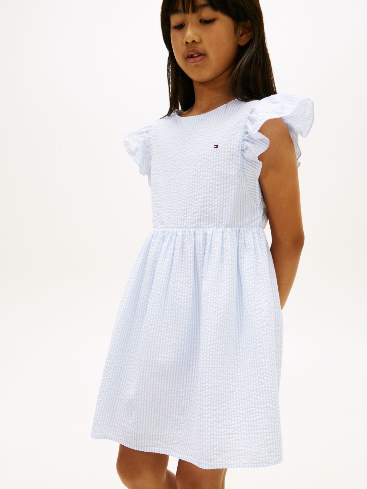 Stripe Seersucker Fit And Flare Dress — Blue