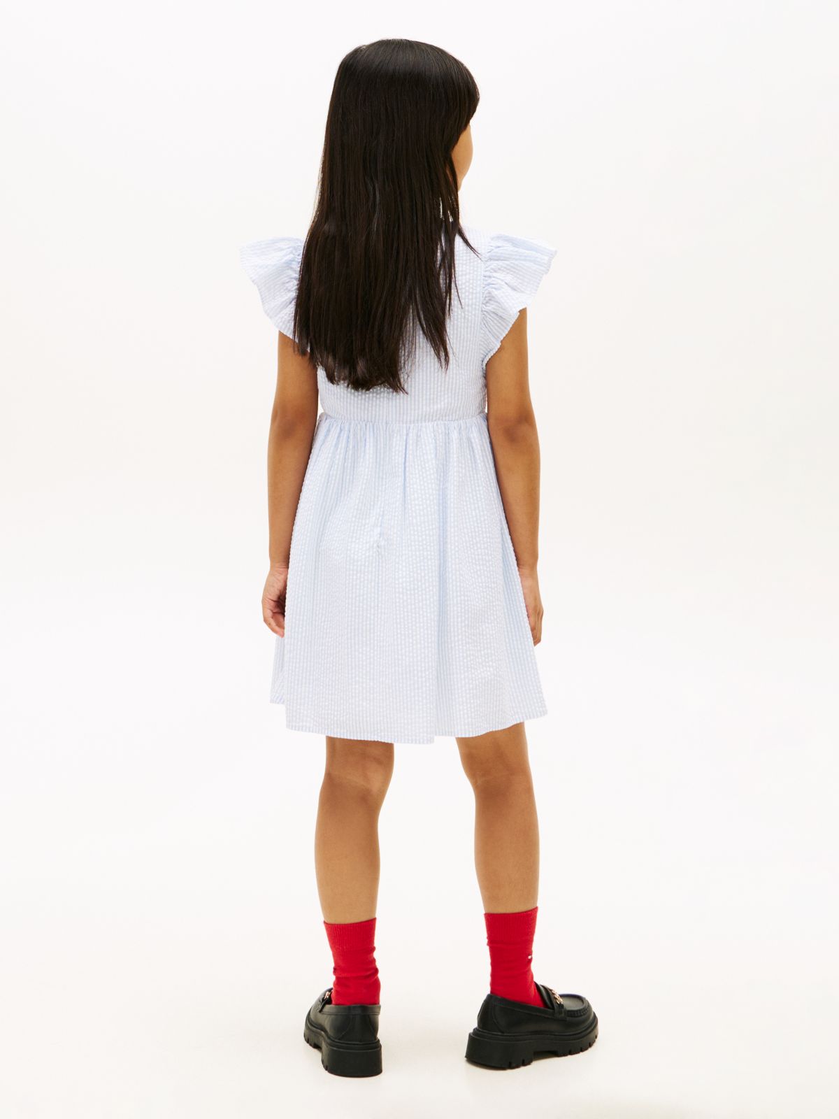 Stripe Seersucker Fit And Flare Dress — Blue