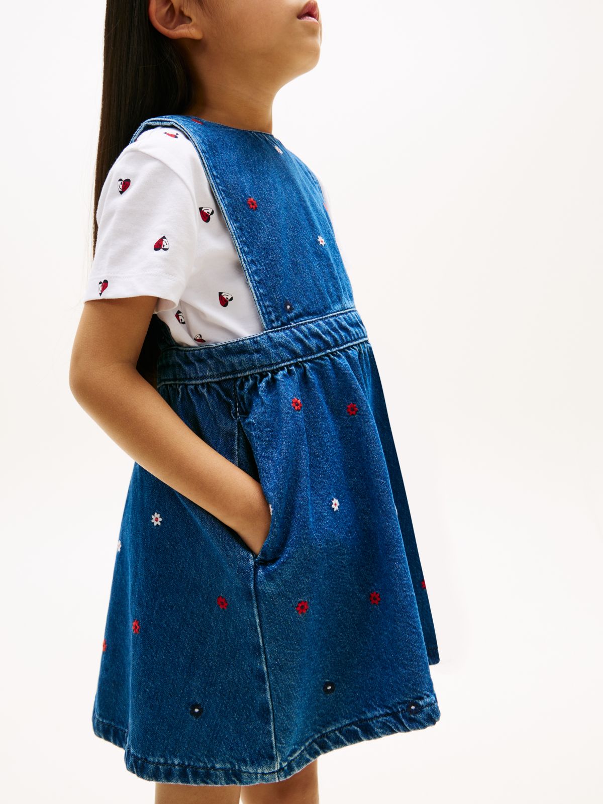 Floral Embroidery Denim Pinafore Dress — Blue