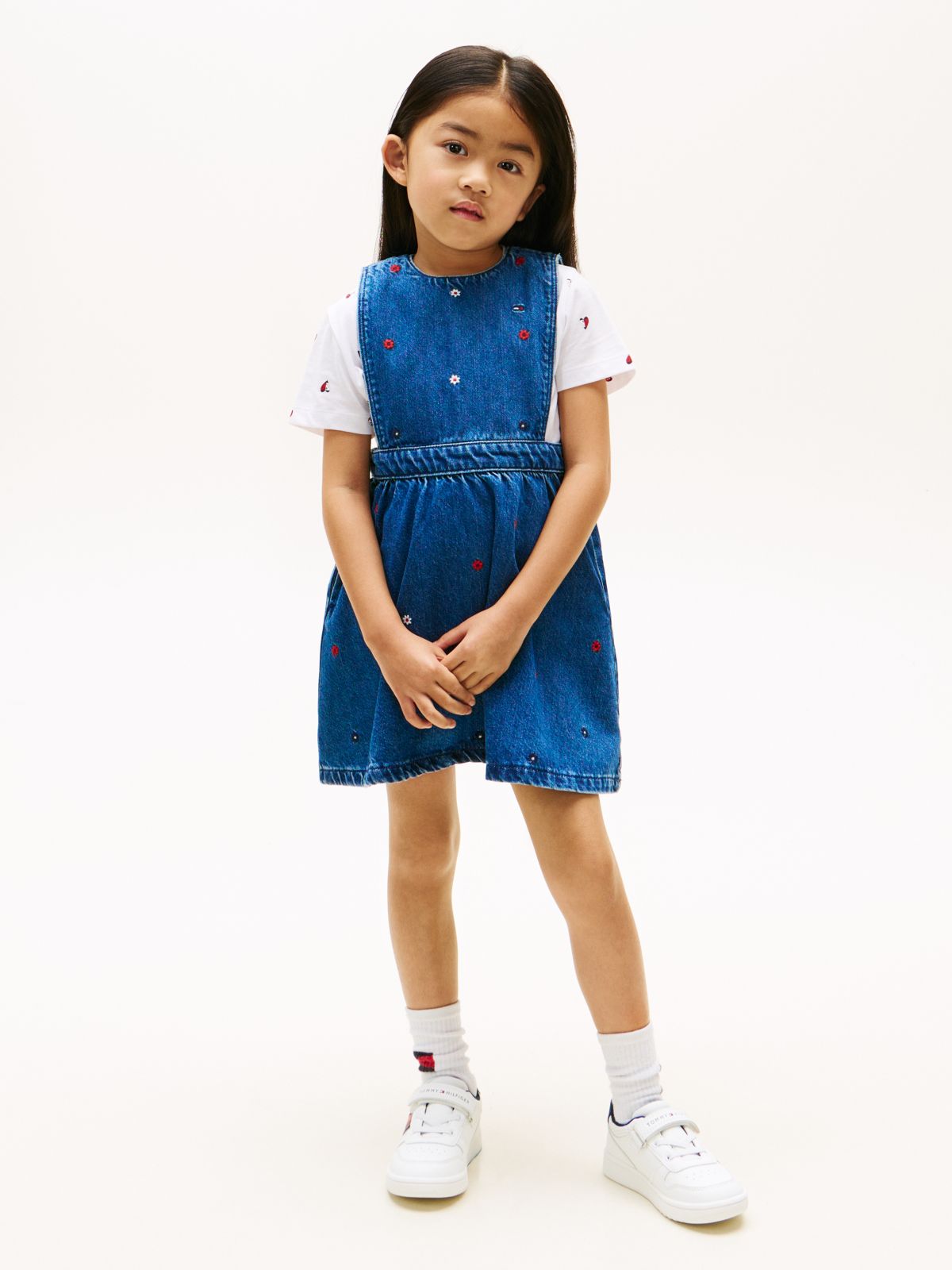 Floral Embroidery Denim Pinafore Dress — Blue
