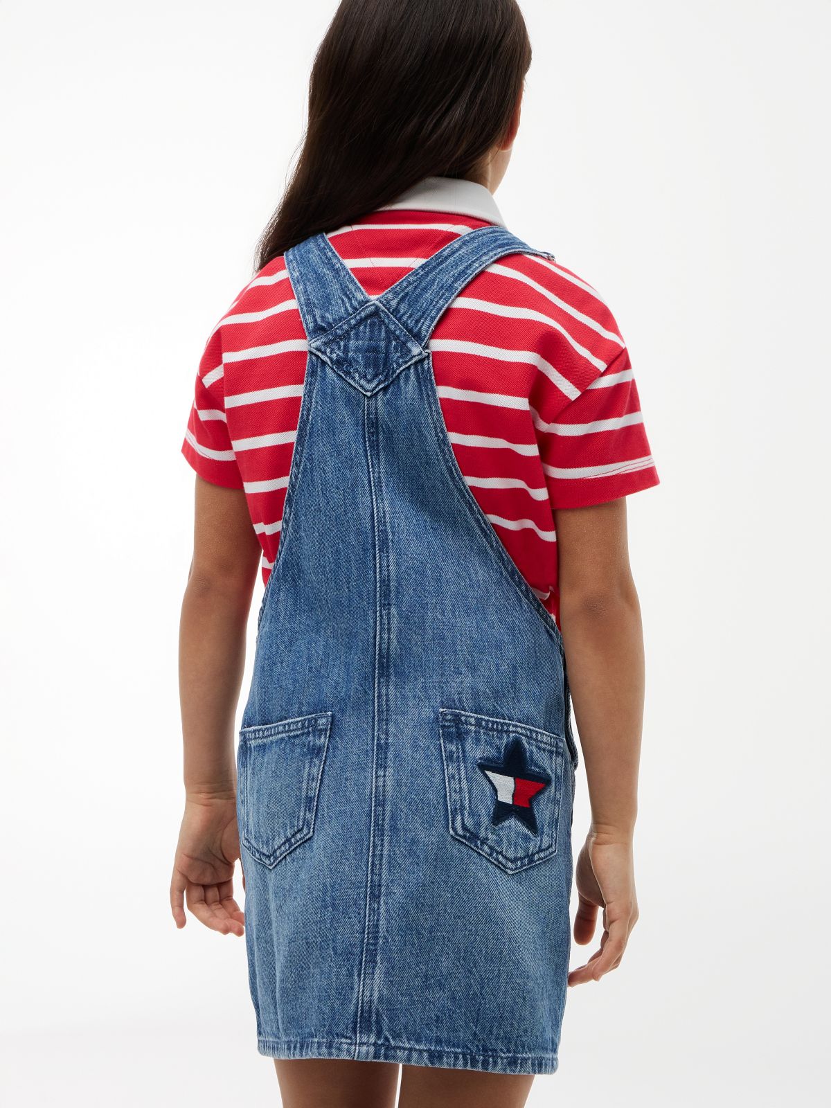 Back Star Flag Denim Dungaree Dress — Blue