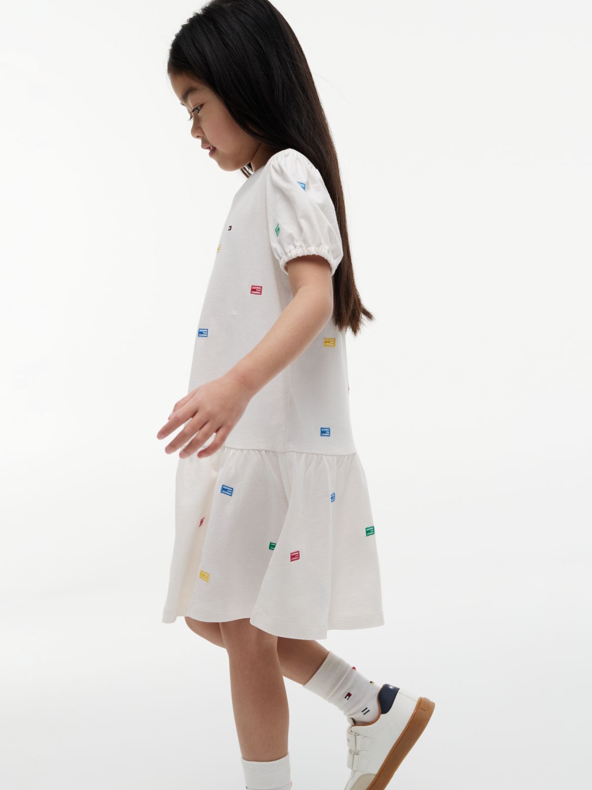 Floral Embroidery Relaxed Fit And Flare Dress — White