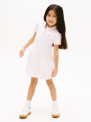 pink polokleid mit puffärmeln und tiefer taille für mädchen - tommy hilfiger