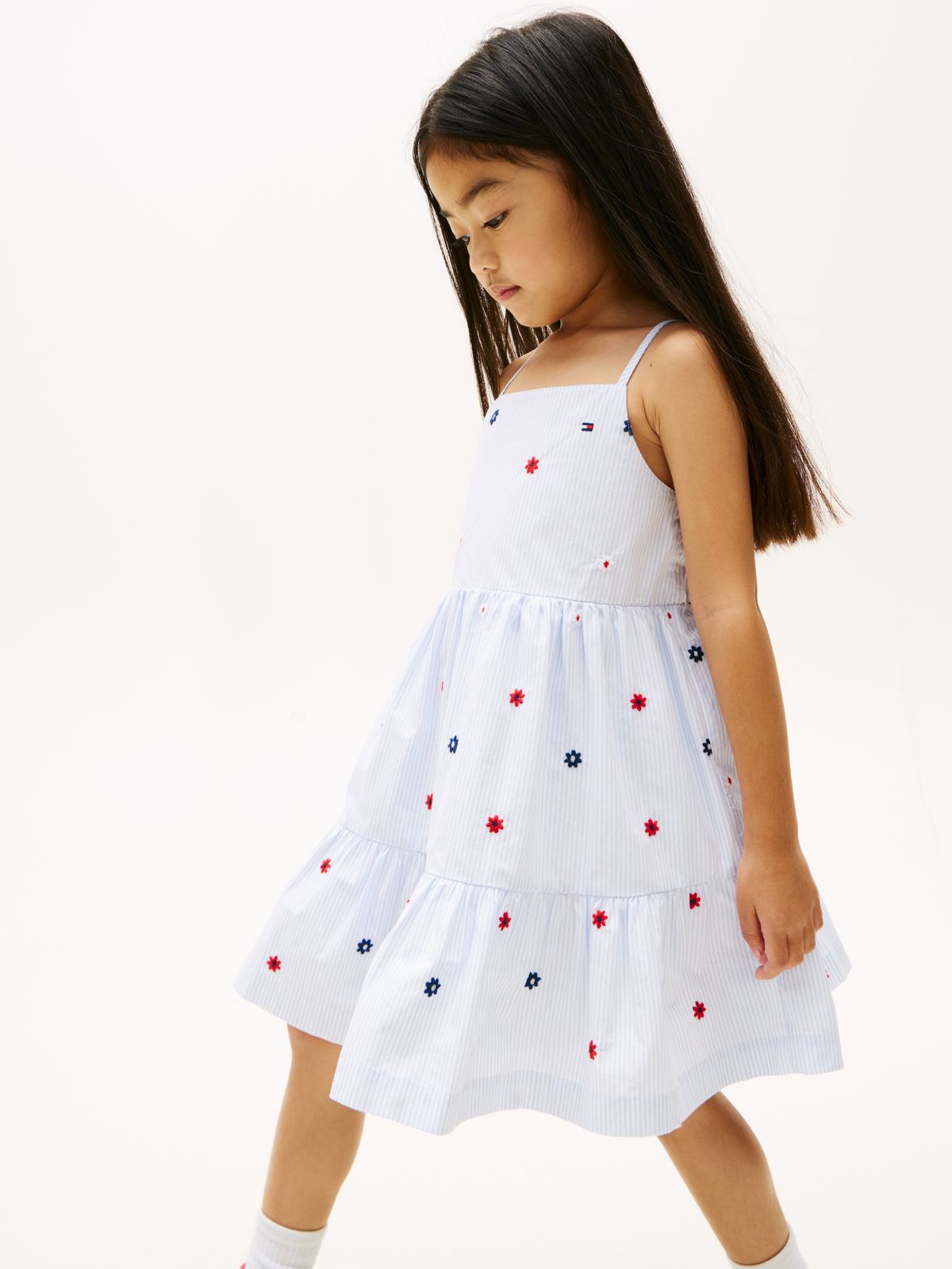 Floral Embroidery Stripe Fit And Flare Dress — Blue