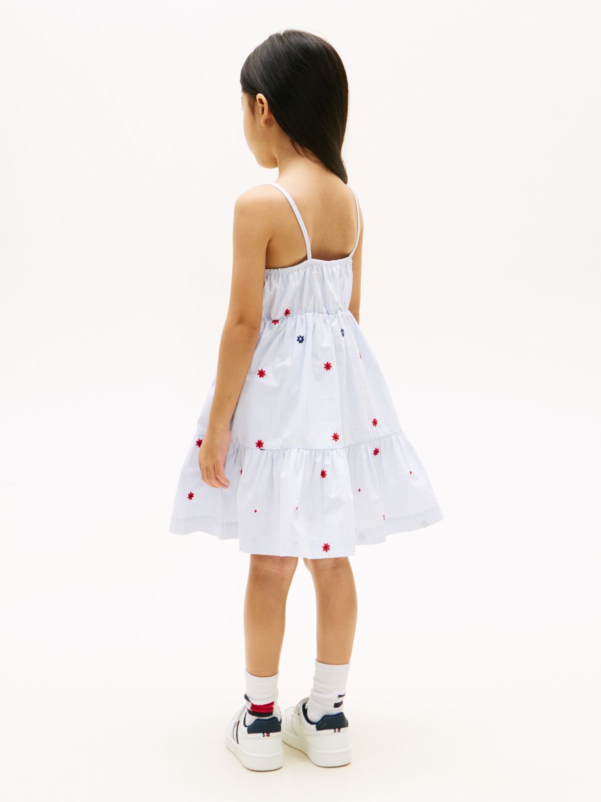 Floral Embroidery Stripe Fit And Flare Dress — Blue