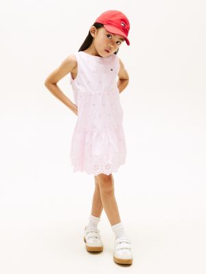 pink kleid mit rücken-schleife und lochstickerei für mädchen - tommy hilfiger