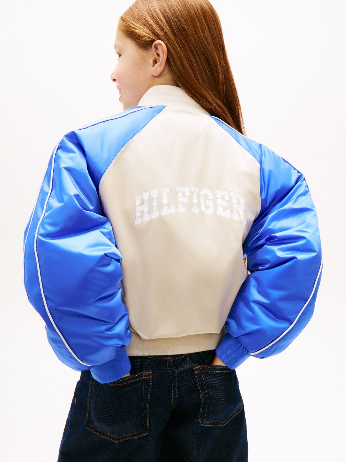 Back Logo Shiny Relaxed Bomber Jacket — Beige