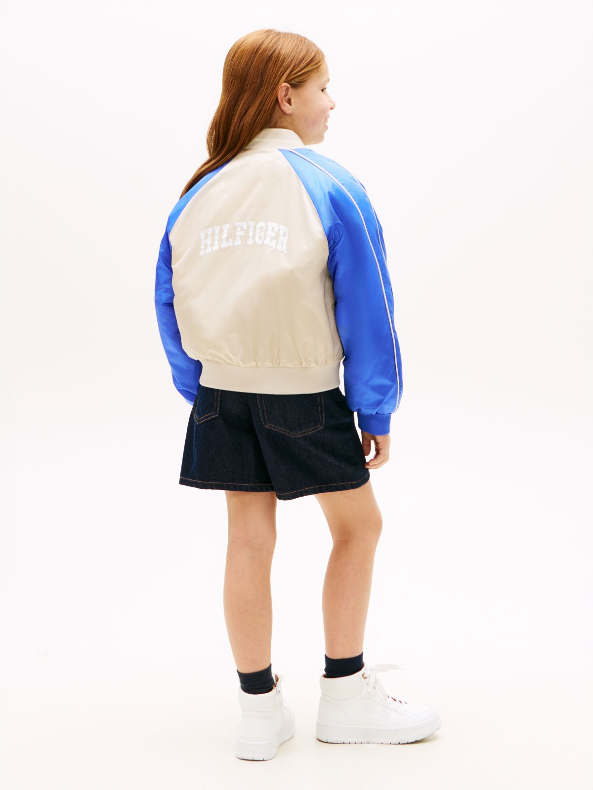 Back Logo Shiny Relaxed Bomber Jacket — Beige