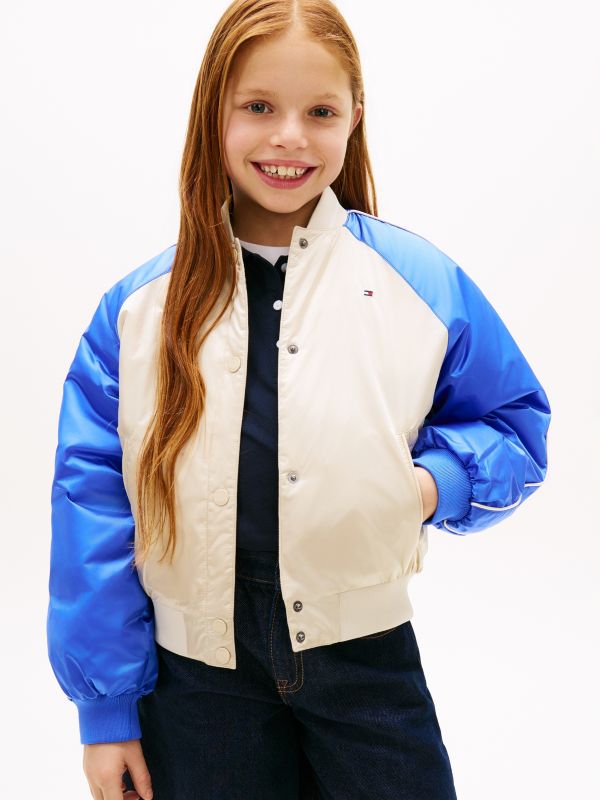 Back Logo Shiny Relaxed Bomber Jacket — Beige