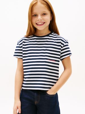 blue essential stripe logo embroidery relaxed t-shirt for girls tommy hilfiger